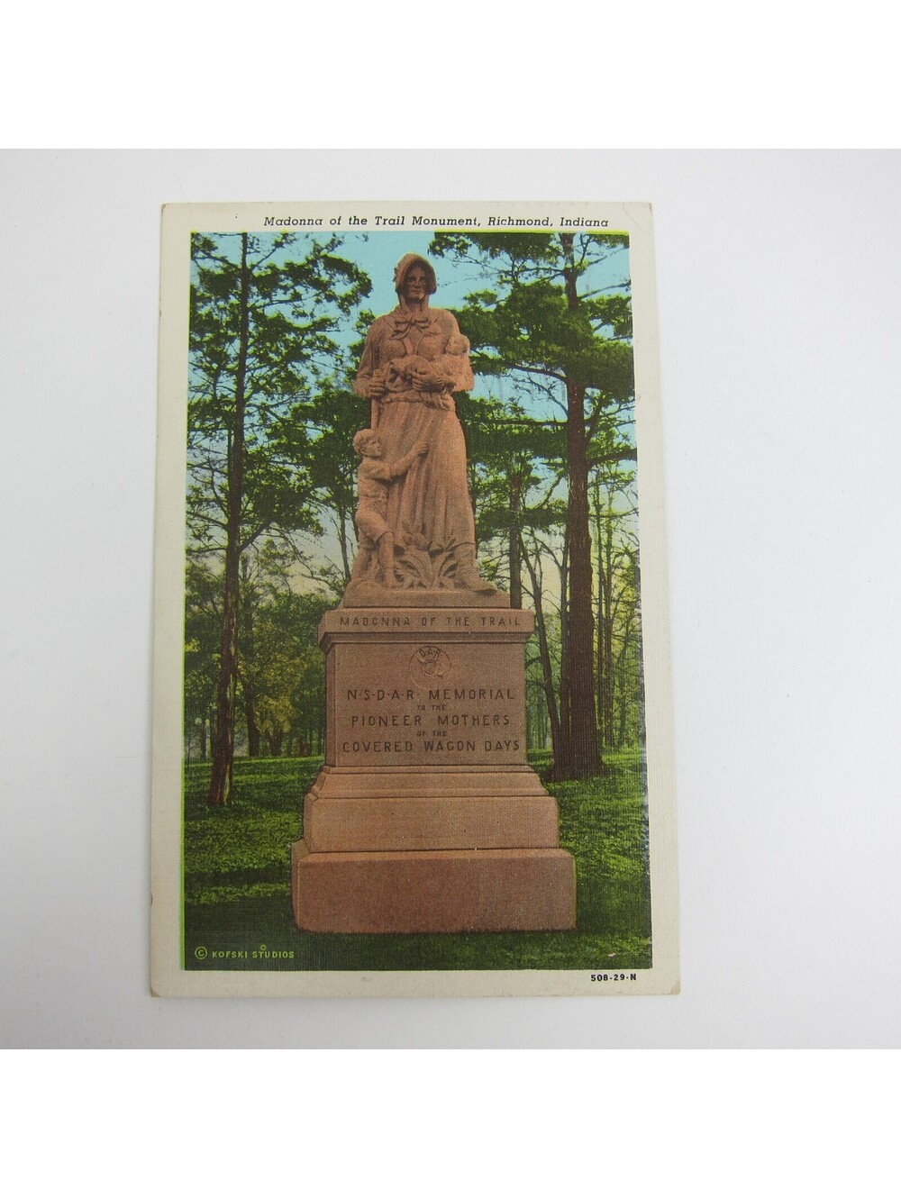 Richmond Indiana Linen Postcard Madonna of the Trail Monument Vintage 1951